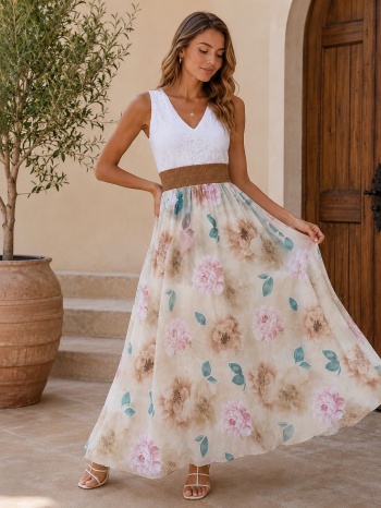 maxi floral φόρεμα με δαντέλα & αέρινη γραμμή | dress up σε προσφορά
