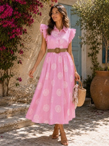 midi ριγέ φόρεμα με κέντημα & ζώνη – ροζ | dress up ροζ σε προσφορά