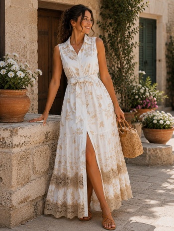 λινό maxi φόρεμα με κέντημα & δαντέλα – άσπρο | dress up σε προσφορά