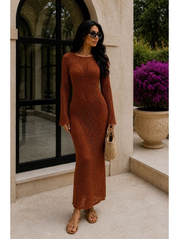 πλεκτό maxi φόρεμα δίχτυ – κανελί | dress up κανελί σε προσφορά