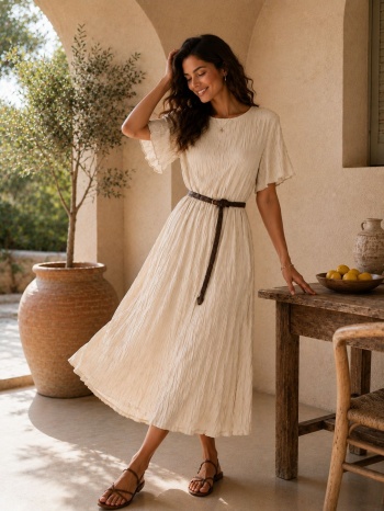 midi φόρεμα πλισέ με ζώνη & κοντό μανίκι – εκρού | dress up σε προσφορά
