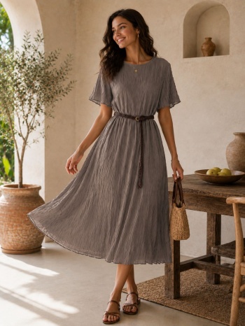 midi φόρεμα πλισέ με ζώνη & κοντό μανίκι – καφέ | dress up σε προσφορά