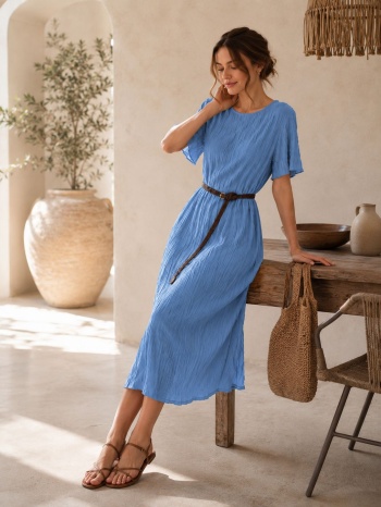 midi φόρεμα πλισέ με ζώνη & κοντό μανίκι– μπλε | dress up σε προσφορά