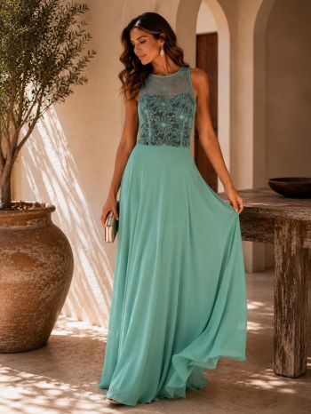 maxi φόρεμα με δαντέλα & διαφάνεια – βεραμάν | dress up σε προσφορά