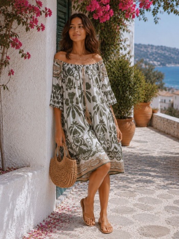 boho mini φόρεμα με έξω ώμους & ethnic print - χακί | dress σε προσφορά