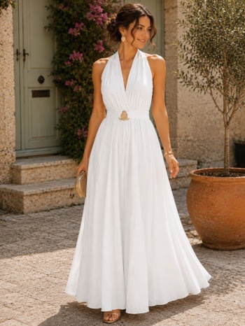 maxi φόρεμα με ανοιχτή πλάτη & elegant λαιμόκοψη - άσπρο | σε προσφορά
