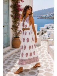 maxi φόρεμα boho με ethnic print & ζώνη – ροζ | dress up ροζ