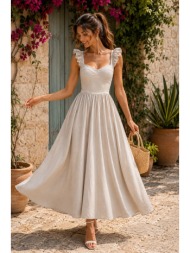 ρομαντικό maxi φόρεμα με βολάν τιράντες - μπεζ | dress up μπεζ