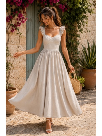 ρομαντικό maxi φόρεμα με βολάν τιράντες - μπεζ | dress up σε προσφορά