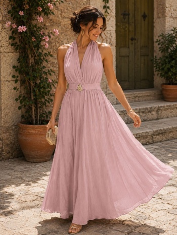 maxi φόρεμα με ανοιχτή πλάτη & elegant λαιμόκοψη - ροζ | σε προσφορά