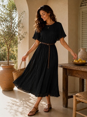 midi φόρεμα πλισέ με ζώνη & κοντό μανίκι – μαύρο | dress up σε προσφορά
