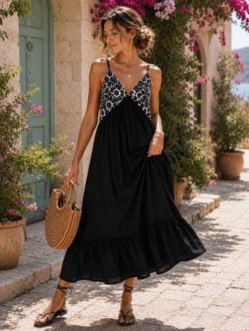 maxi φόρεμ με τιράντες και αέρινη γραμμή - μαύρο | dress up σε προσφορά