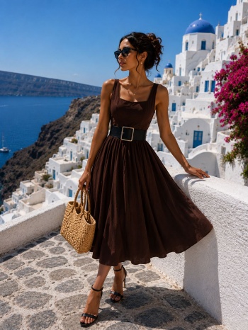 midi φόρεμα με φαρδιά ζώνη στη μέση - καφέ | dress up καφέ σε προσφορά
