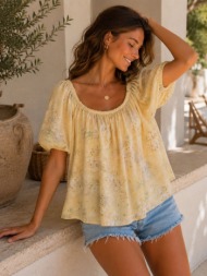 floral μπλούζα με puff μανίκια – αέρινη καλοκαιρινή μπλούζα σε κίτρινο | dress up κίτρινο
