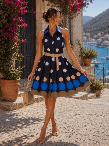 mini πουά φόρεμα με γιακά & ζώνη στη μέση – μπλε | dress up σε προσφορά