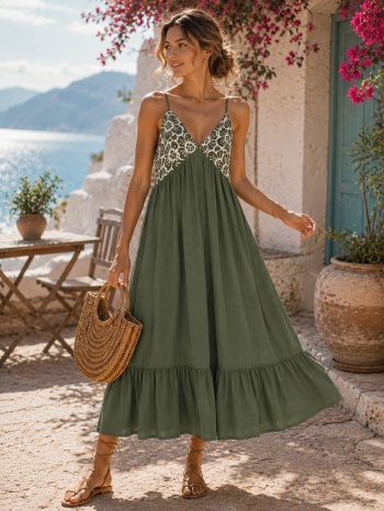 maxi φόρεμ με τιράντες και αέρινη γραμμή - χακί | dress up σε προσφορά