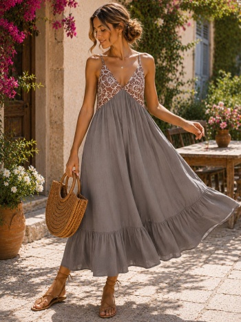 maxi φόρεμ με τιράντες και αέρινη γραμμή - μπεζ | dress up σε προσφορά