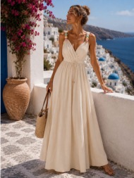 αέρινο maxi φόρεμα με χάντρες στους ώμους - μπεζ | dress up μπεζ