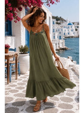 αέρινο maxi φόρεμα με βολάν – χακί | dress up χακί σε προσφορά