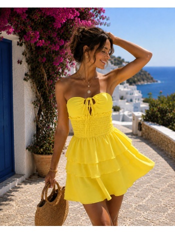 γυναικείο strapless φόρεμα mini με βολάν & σφηκοφωλιά  σε προσφορά