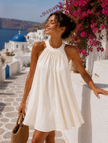 αέρινο mini φόρεμα halter με φαρδιά γραμμή – μπεζ | dress σε προσφορά
