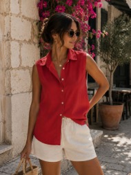 βαμβακερό αμάνικο πουκάμισο με γιακά & κουμπιά - κόκκινο | dress up κόκκινο