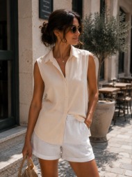 βαμβακερό αμάνικο πουκάμισο με γιακά & κουμπιά - μπεζ | dress up μπεζ