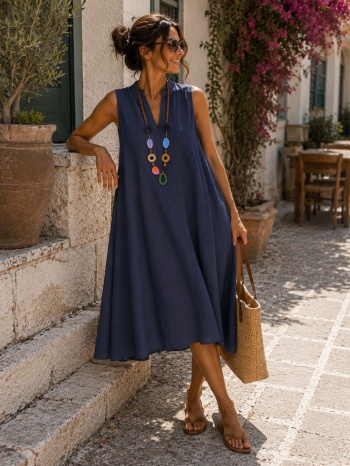 midi αέρινο αμάνικο φόρεμα με v λαιμόκοψη - μπλε | dress up σε προσφορά