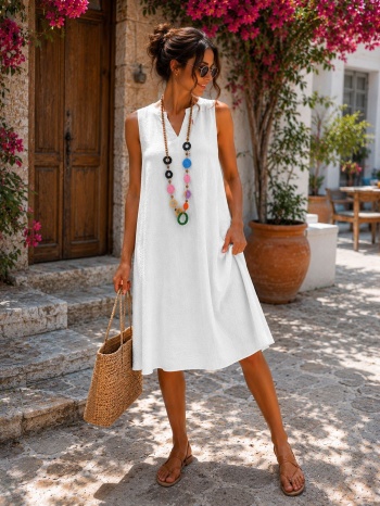 midi αέρινο αμάνικο φόρεμα με v λαιμόκοψη - άσπρο | dress σε προσφορά