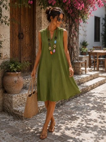 midi αέρινο αμάνικο φόρεμα με v λαιμόκοψη - χακί| dress up σε προσφορά