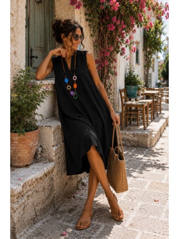 midi αέρινο αμάνικο φόρεμα με v λαιμόκοψη - μαύρο | dress σε προσφορά