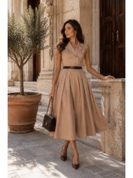 αμάνικο midi φόρεμα με γιακά, χρυσά κουμπιά & ζώνη – μπεζ | dress up μπεζ