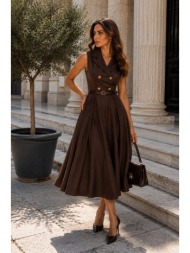 αμάνικο midi φόρεμα με γιακά, χρυσά κουμπιά & ζώνη – καφέ | dress up καφέ