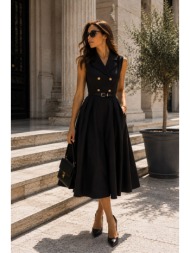 αμάνικο midi φόρεμα με γιακά, χρυσά κουμπιά & ζώνη – μαύρο | dress up μαύρο