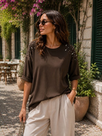 γυναικεία μπλούζα με strass στους ώμους- καφέ | dress up