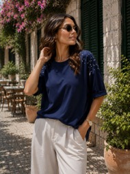 γυναικεία μπλούζα με strass στους ώμους- μπλε | dress up μπλε