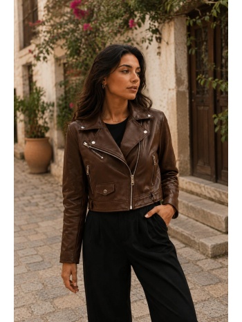 γυναικείο δερμάτινο jacket biker με φερμουάρ - καφέ | dress σε προσφορά