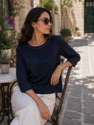 γυναικεία μπλούζα oversized με πέρλες στον λαιμό - μπλε | dress up μπλε