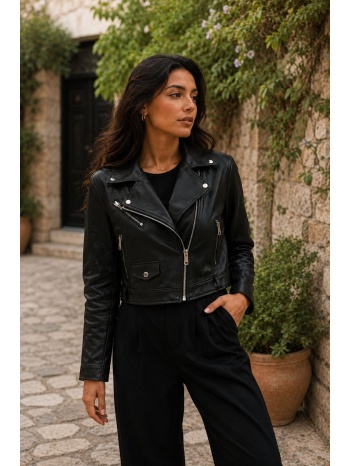 γυναικείο δερμάτινο jacket biker με φερμουάρ - μαύρο | σε προσφορά