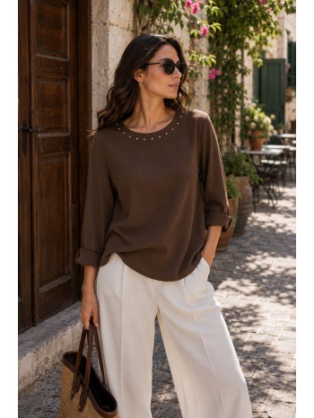γυναικεία μπλούζα oversized με πέρλες στον λαιμό - πράσινο