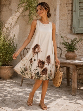 γυναικείο αέρινο φόρεμα με floral print και άνετη α-γραμμή σε προσφορά