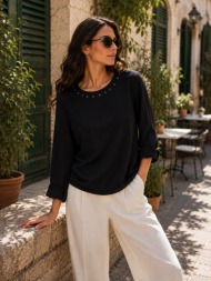 γυναικεία μπλούζα oversized με πέρλες στον λαιμό - μαύρο | dress up μαύρο