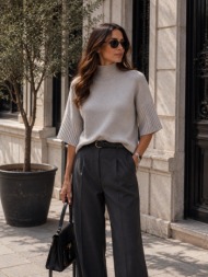γυναικεία πλεκτή μπλούζα με ζιβάγκο και 3/4 μανίκια - γκρι | dress up γκρι