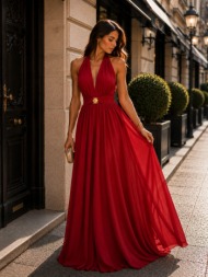 γυναικείο maxi φόρεμα halter με ανοιχτή πλάτη & ζώνη – κόκκινο | dress up κόκκινο