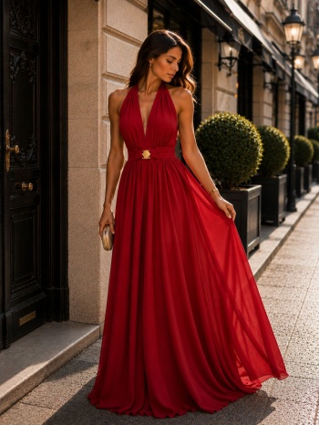 γυναικείο maxi φόρεμα halter με ανοιχτή πλάτη & ζώνη – σε προσφορά