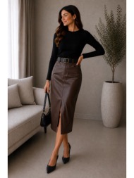 midi δερμάτινη φούστα με ζώνη & σκίσιμο - καφέ | dress up καφέ