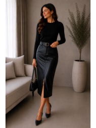 midi δερμάτινη φούστα με ζώνη & σκίσιμο - μαύρο | dress up μαύρο
