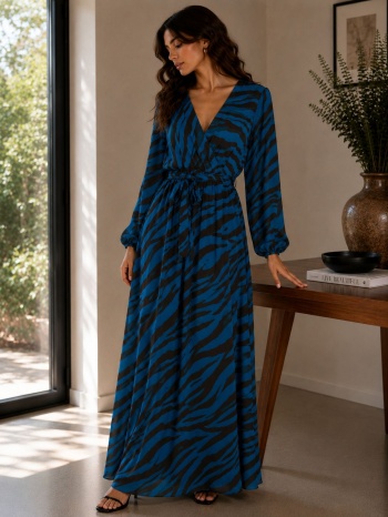 μακρύ κρουαζέ φόρεμα με animal print – πετρόλ | dress up σε προσφορά