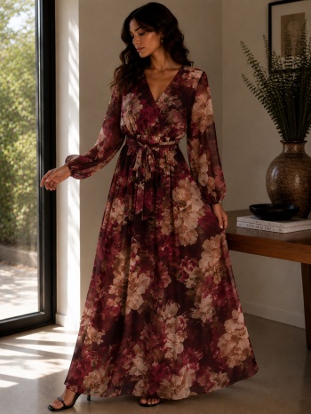 μακρύ κρουαζέ φόρεμα με floral print – μπορντό | dress up σε προσφορά
