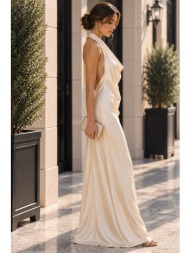 σατέν μάξι φόρεμα halter με ανοιχτή πλάτη – μπεζ | dress up μπεζ